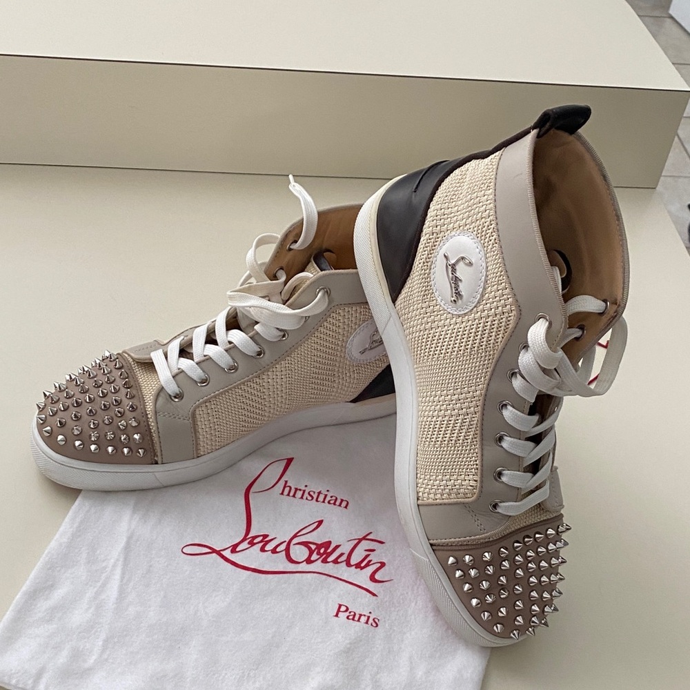 Christian Louboutin Beige and  dark brown  Spike-Detail High-Top Sneakers